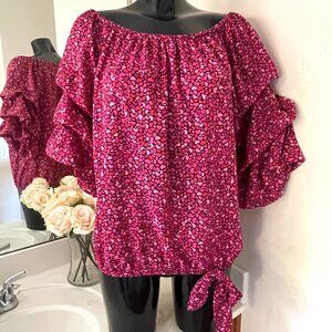 CeCe Women Top, L, raspberry red, Front Tie Blouse, Tunic, Shirt, Large